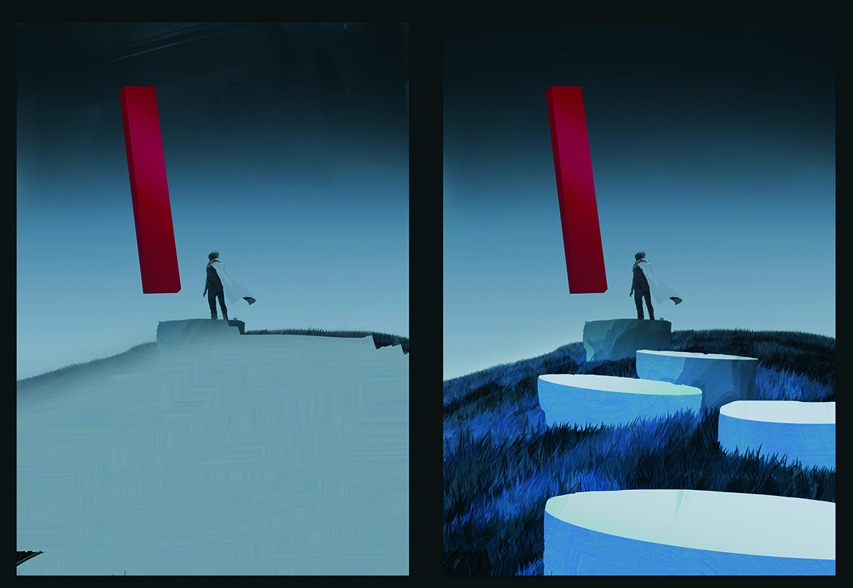 Part of the process of making digital art in Photoshop. The artwork shows a lone figure in a surreal dreamscape