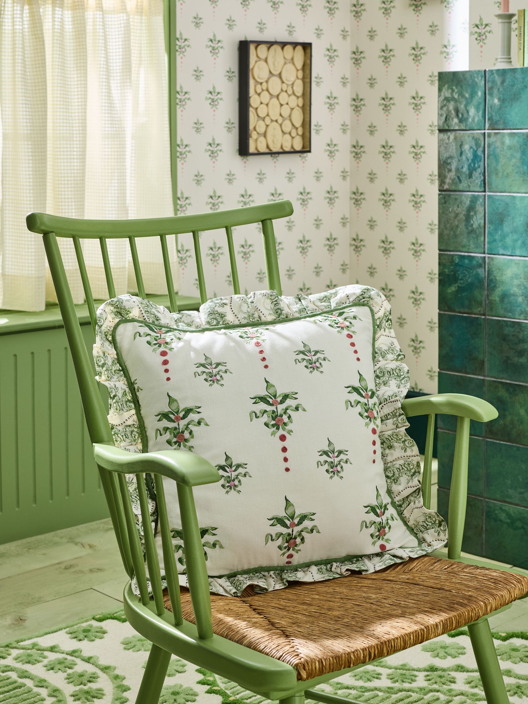 Cath Kidston Green Heraldry Embroidered Ruffle Edge Cushion - Size 45x45