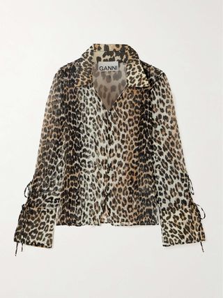 Tie-Detailed Leopard-Print Recycled-Chiffon Blouse