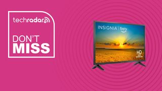 An Insignia 32-inch F20 Series HD TV on a pink background with text saying Don&#039;t Miss next to it.