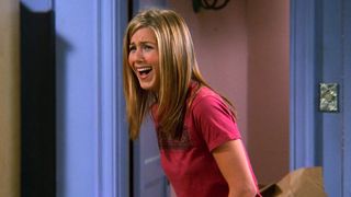 Jennifer Aniston as Rachel Green laughs during Friends Season 4's "The One with the Embryos."
