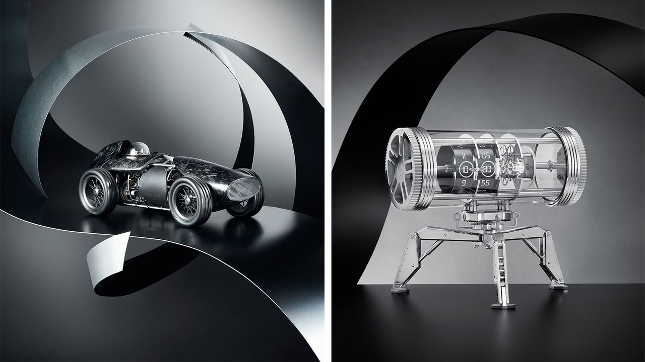 Bucherer Exclusives L&#039;Epée 1839 kinetic sculptures in the form of a racing car and a time machine