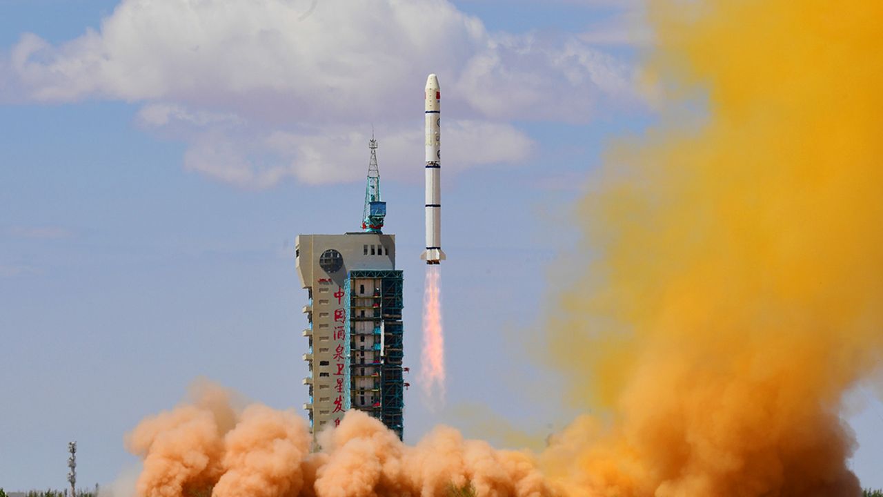 A Chinese Long March 2C rocket carrying the remote sensing satellites Siwei 01 and Siwei 02 launches from the Jiuquan Satellite Launch Center in northwest China on April 29, 2022.