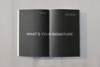 Slides from Virgil Abloh's presentation. Black pages with white font writing that says "What's your signature".