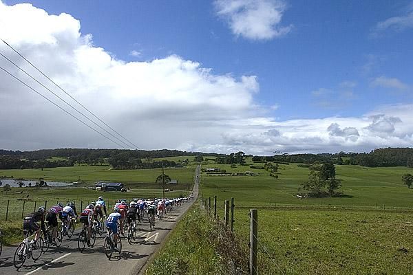 The peloton descends into a valley near Forest on the outskirts of Smithton just after the start to stage five.