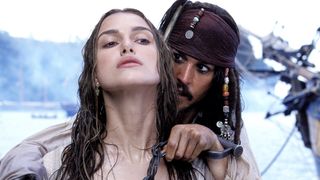 Jack Sparrow holds Elizabeth hostage in Pirates of the Caribbean: Curse of the Black Pearl