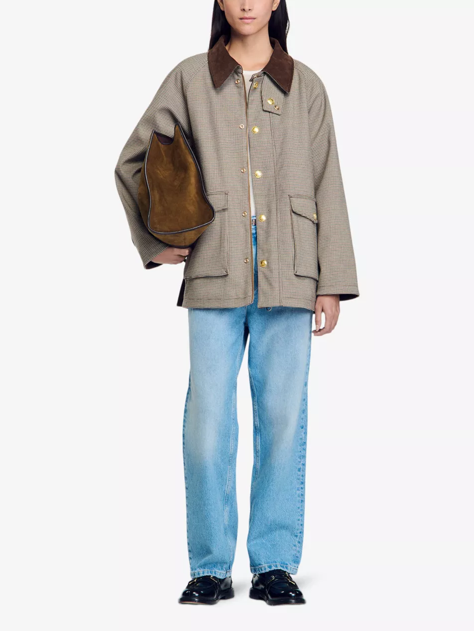 Check-Pattern Velvet-Collar Woven Coat
