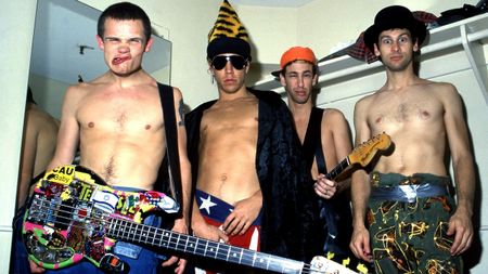 Bassist Flea, singer and songwriter Anthony Kiedis, guitarist Hillel Slovak (1962-1988) and drummer Cliff Martinez, of the American rock band The Red Hot Chili Peppers