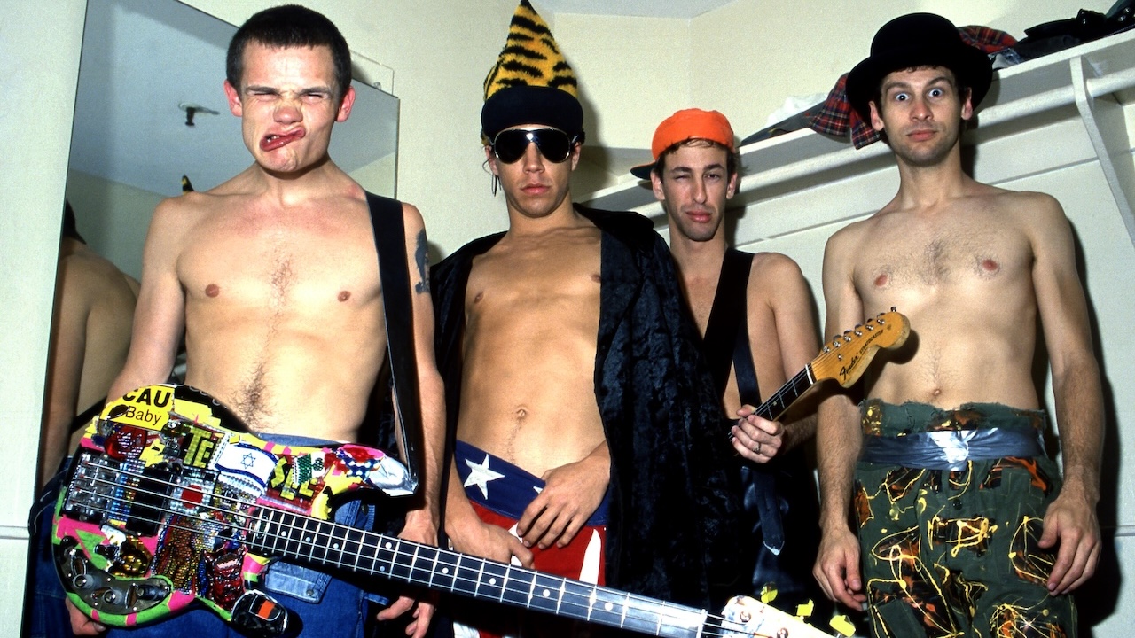 Bassist Flea, singer and songwriter Anthony Kiedis, guitarist Hillel Slovak (1962-1988) and drummer Cliff Martinez, of the American rock band The Red Hot Chili Peppers