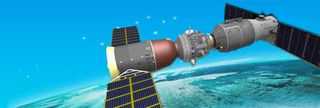 This graphic from a China Astronaut Training Center presentation depicts a Chinese Shenzhou spacecraft docked at the country's first space station module Tiangong-1.