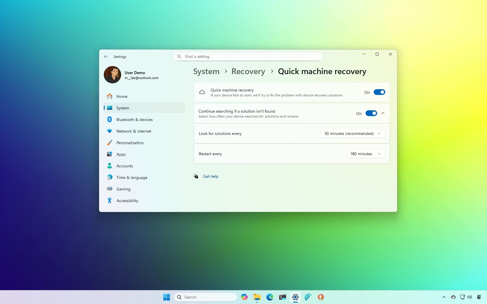 Windows 11 Quick Machine Recovery settings