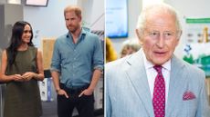 A composite of a picture of Prince Harry and Meghan in Australia and a picture of King Charles