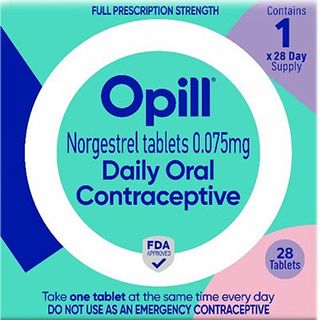 photo of the Opill box, showing text that reads: "Opill, norgestrel tablets 0.075mg, daily oral contraceptive"