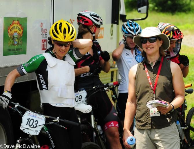 Mary McConneloug (Kenda-Seven-NoTubes) staying cool in her ice vest while chatting with Cyclingnews' Sue George.