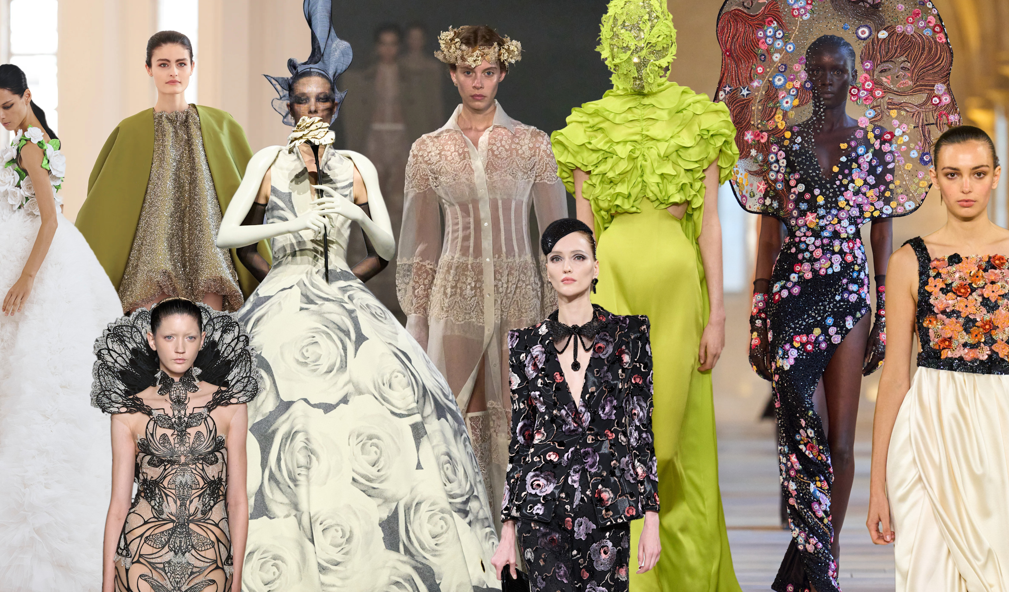 a collage of the fall 2025 couture nature garden-inspired trends