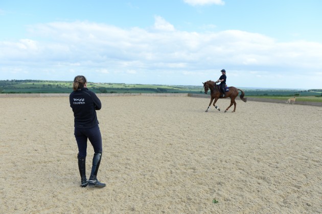 Piggy Training a Member of her team on MORSWOOD (I think, Please get this confirmed) at Piggy French&rsquo;s yard at Maidwell Lodge Farm, Maidwell, Northamptonshire, UK on 2nd June 2015