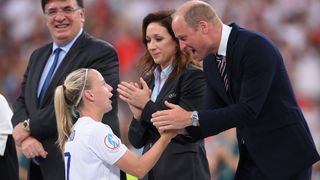 Beth Mead of England shakes hands with Prince William, Duke of Cambridge following the UEFA Women's Euro 2022 final match