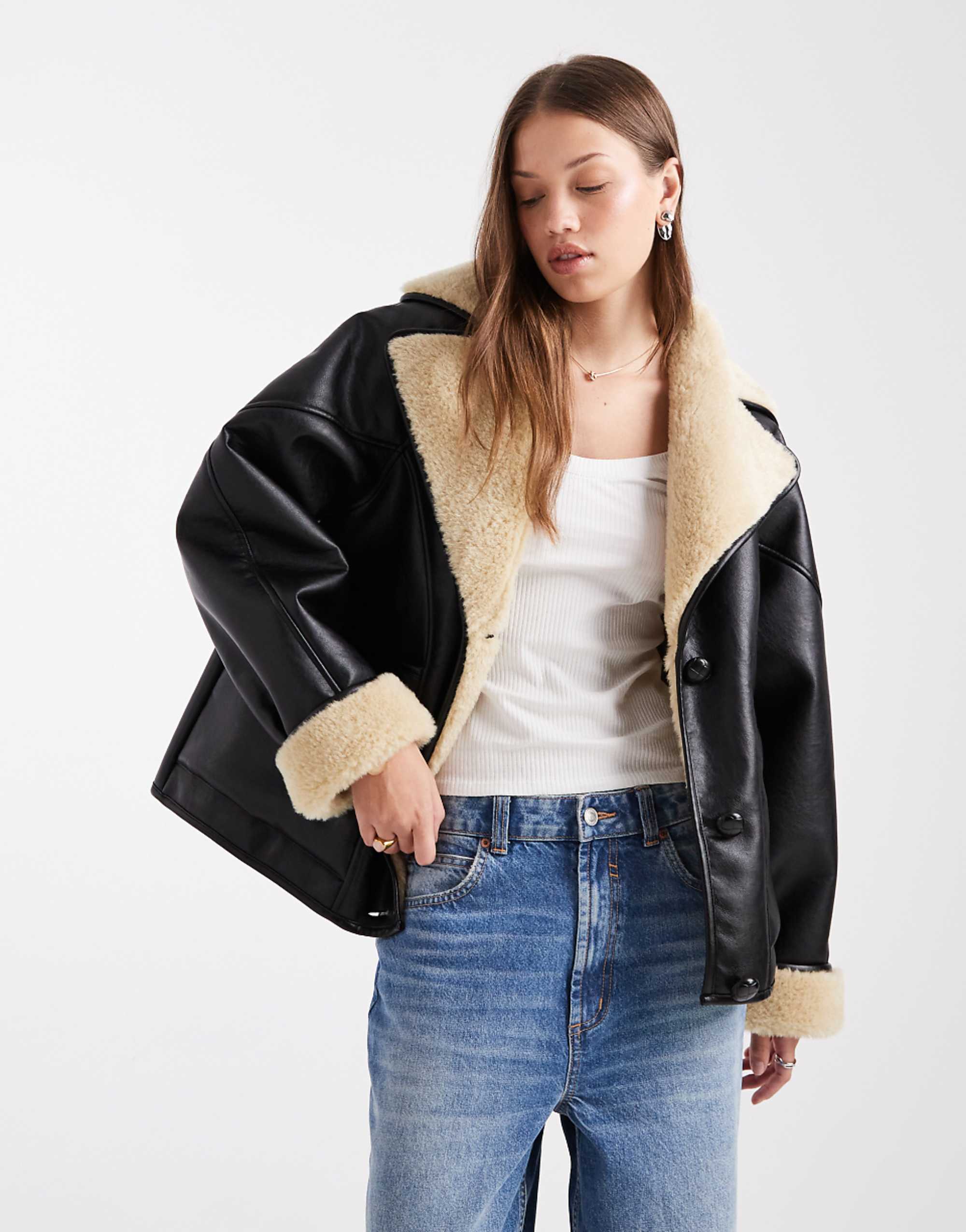 Miss Selfridge Faux Leather and Faux Fur Oversized Jacket in Black