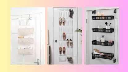 Over-the-door organizers - one macrame over the door organizer in a bathroom, one over-the-door shoe organizer in white in a bedroom and a black plastic over-the-door-organizer