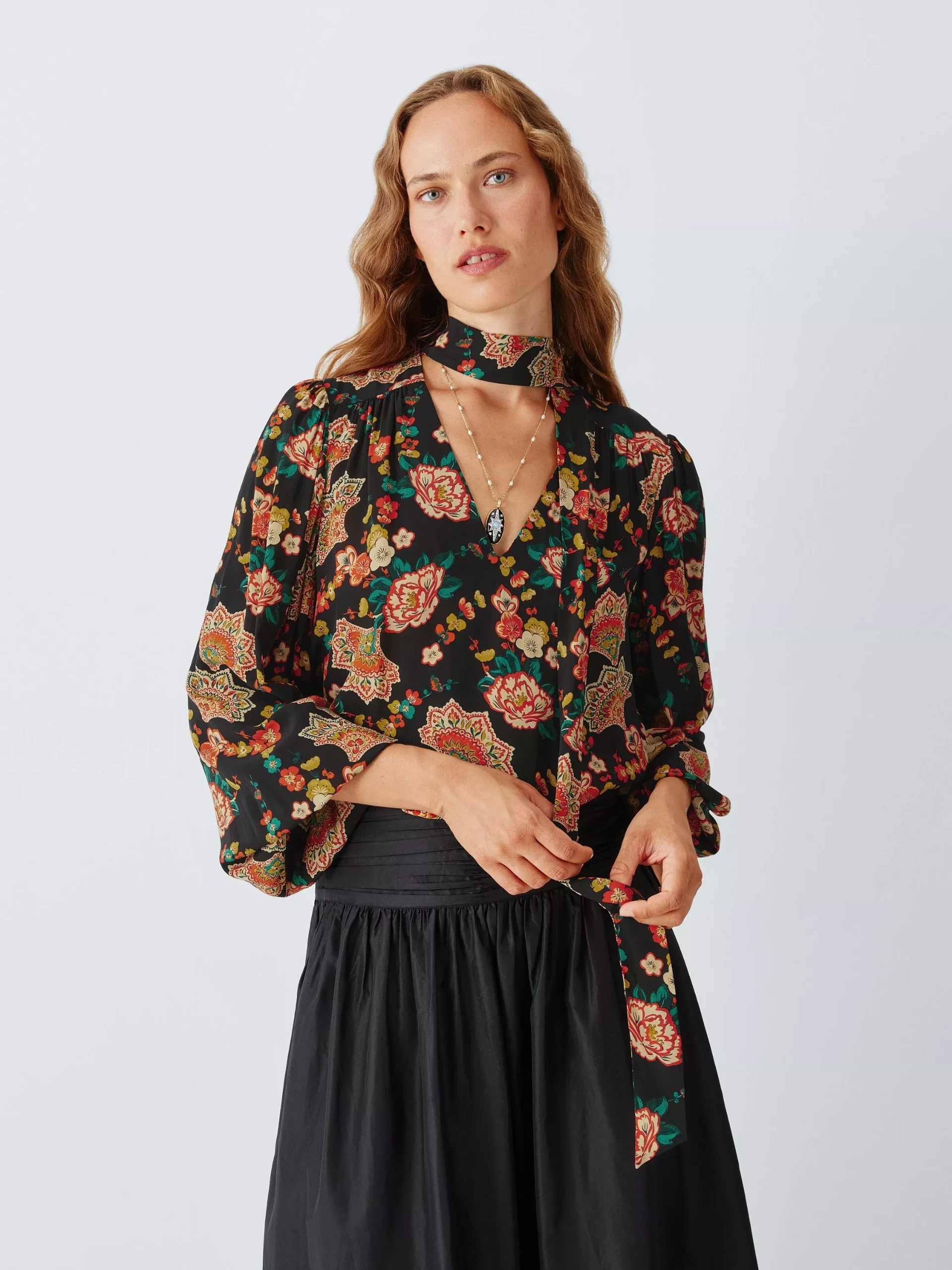John Lewis X Rixo Moss Floral Print Tie Neck Blouse, Black/multi