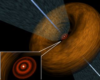 Artist's concept of HL Tauri. The star is surrounded by the disk (shown in red) and thick envelope. The star ejects a bipolar collimated jet.