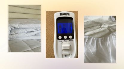 Three images of testing the Zanussi Double Electric Blanket, the side profile of it unboxed, the remote , and the elastic skirt