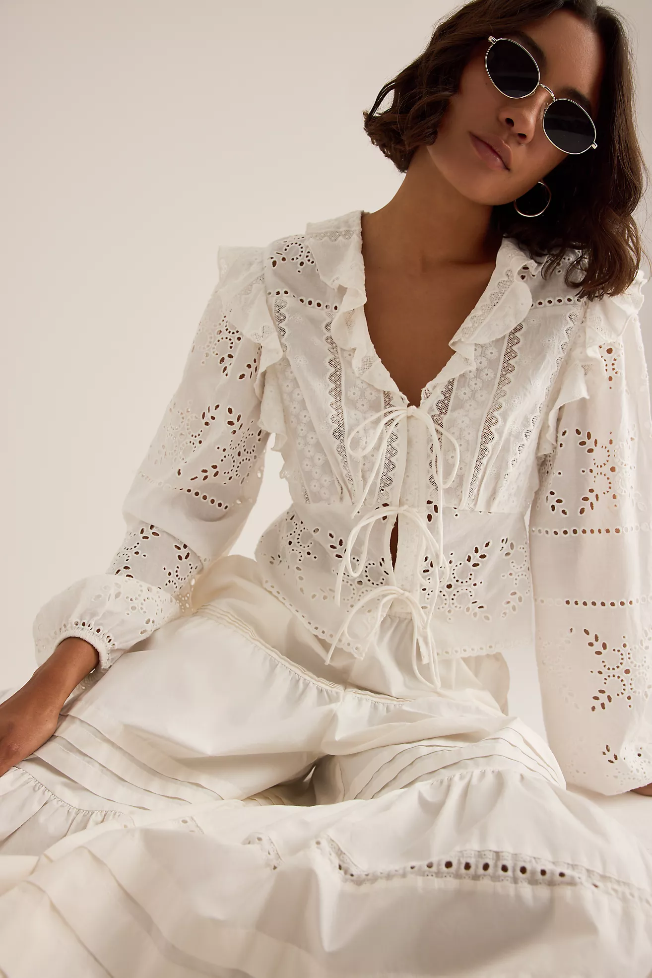 By Anthropologie Ruffle Embroidered Tie-Front Blouse