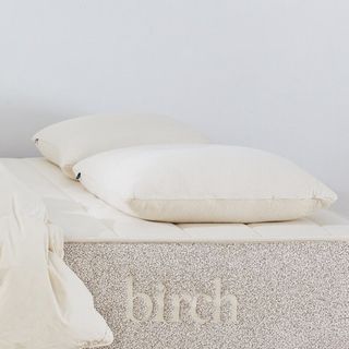 Birch Organic Cotton Pillow on a mattress against a gray background. 