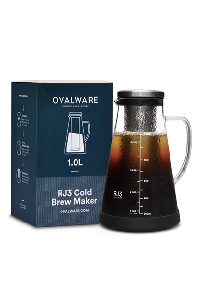 Ovalware Airtight Cold Brew Iced Coffee Maker and Tea Infuser with Spout - 1.0L / 34oz Ovalware RJ3 Brewing Glass Carafe with Removable Stainless Steel Filter