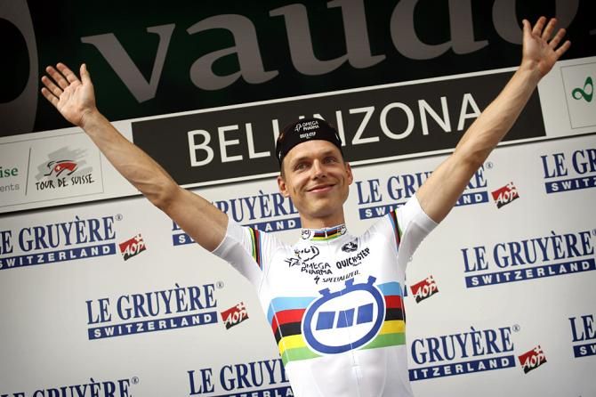 Tony Martin (Omega Pharma-QuickStep) on the podium