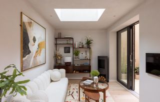 Living room with corner fireplace