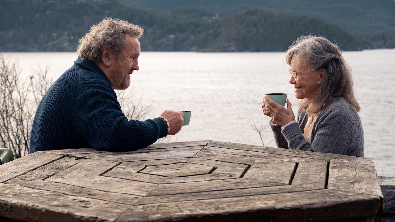 Colm Meaney as Ethan and Sally Field as Tova having tea together in Remarkably Bright Creatures.