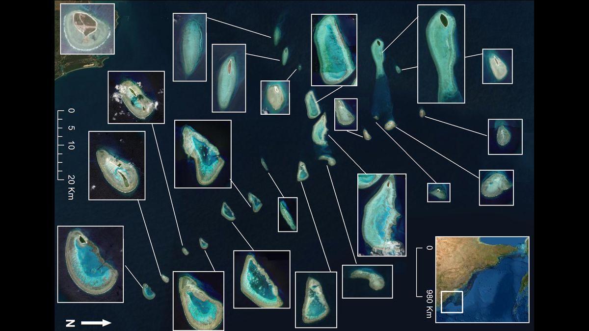 Satellite images reveal how sand aprons within coral reefs evolve overtime.