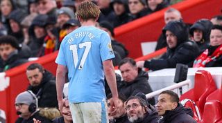 Kevin De Bruyne vents his frustration after being substituted by Pep Guardiola in Manchester City's 1-1 draw at Liverpool in March 2024.