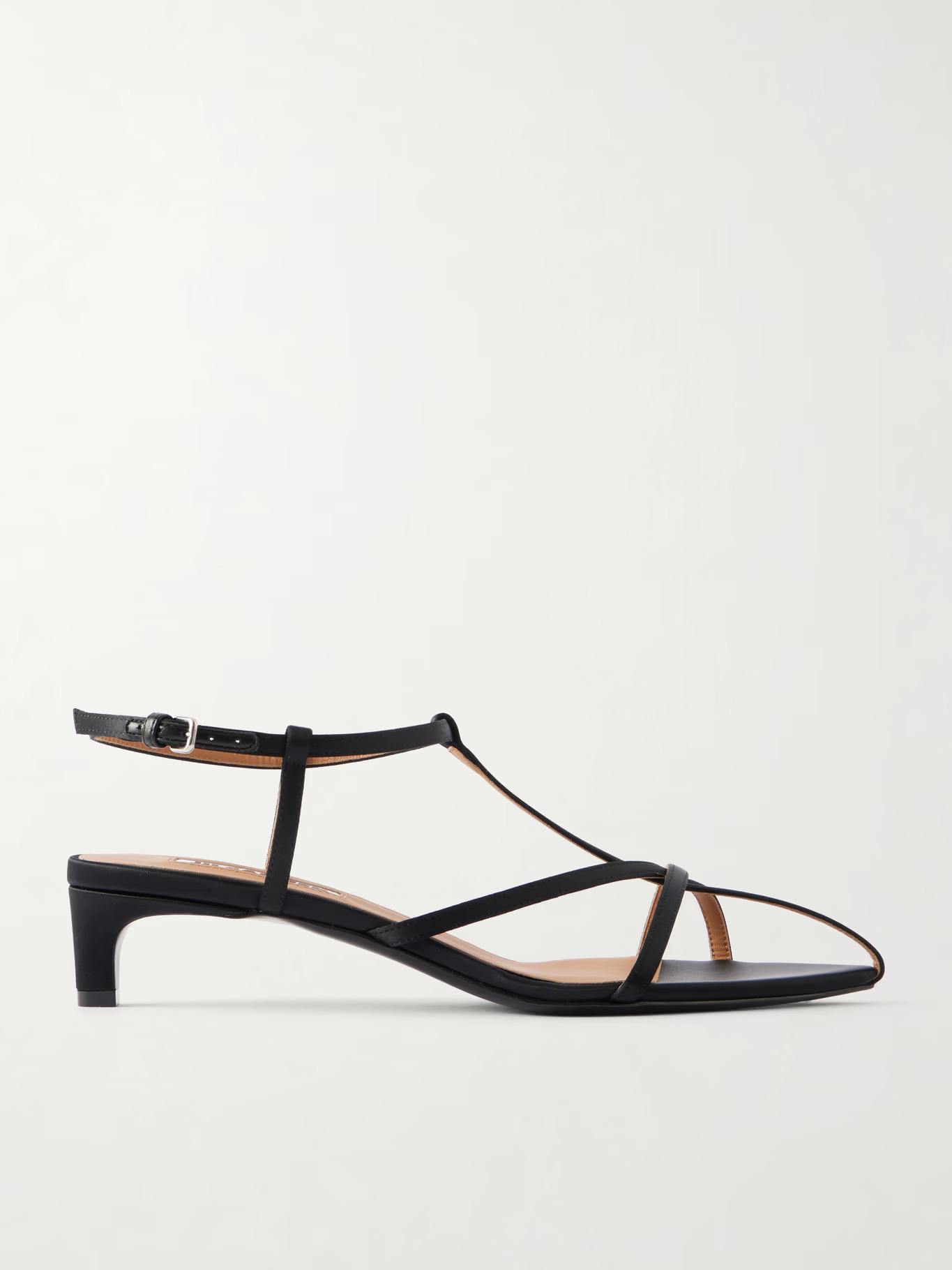 An image of black satin cage heeled sandals from Jil Sander