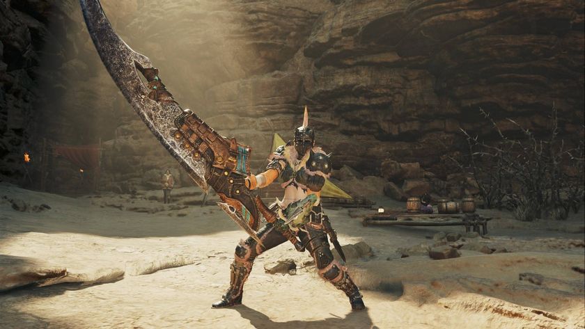 The player in Monster Hunter Wilds standing in the training area wielding the Great Sword.