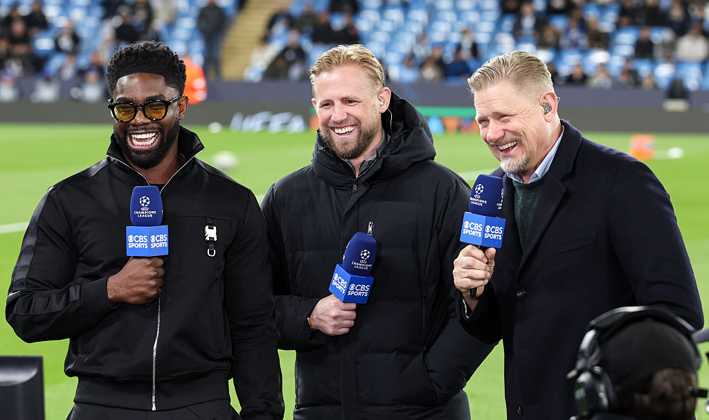 Former Manchester City goalkeepers Kasper Schmeichel and his father Peter Schmeichel talk together with former Manchester City defender Micah Richards as pundits