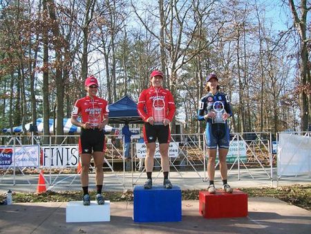 The Elite women's podium (l-r): Linda Sone (Planet Bike), 3rd; Kristin Wentworth (Planet Bike), 1st; Deidre Winfield (C3-Athletes Serving Athletes), 2nd.