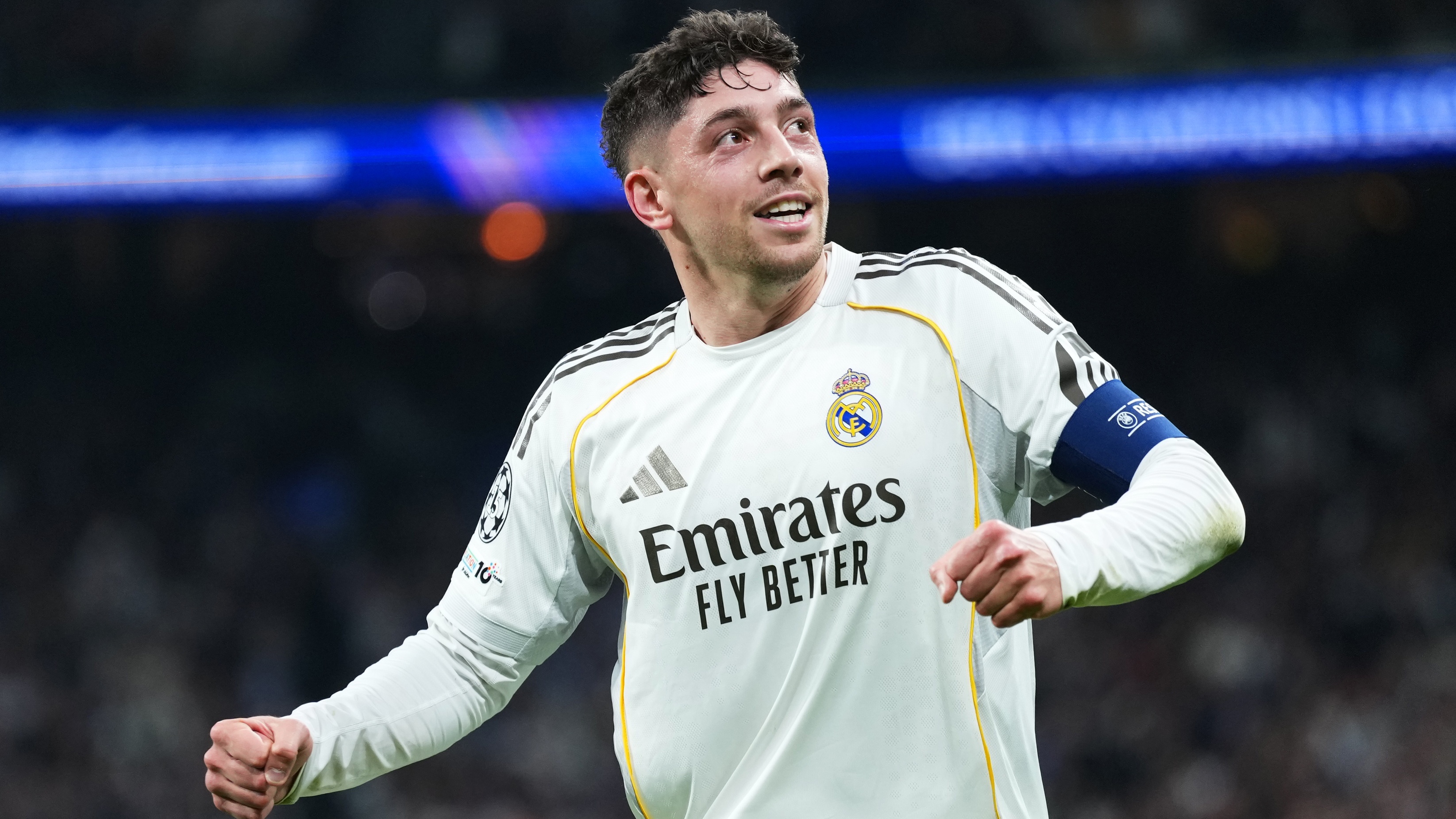Federico Valverde of Real Madrid celebrates scoring his team's second goal during the UEFA Champions League 2025/26 Round of 16 First Leg match between Real Madrid CF and Manchester City FC at Estadio Santiago Bernabeu on March 11, 2026 in Madrid, Spain.