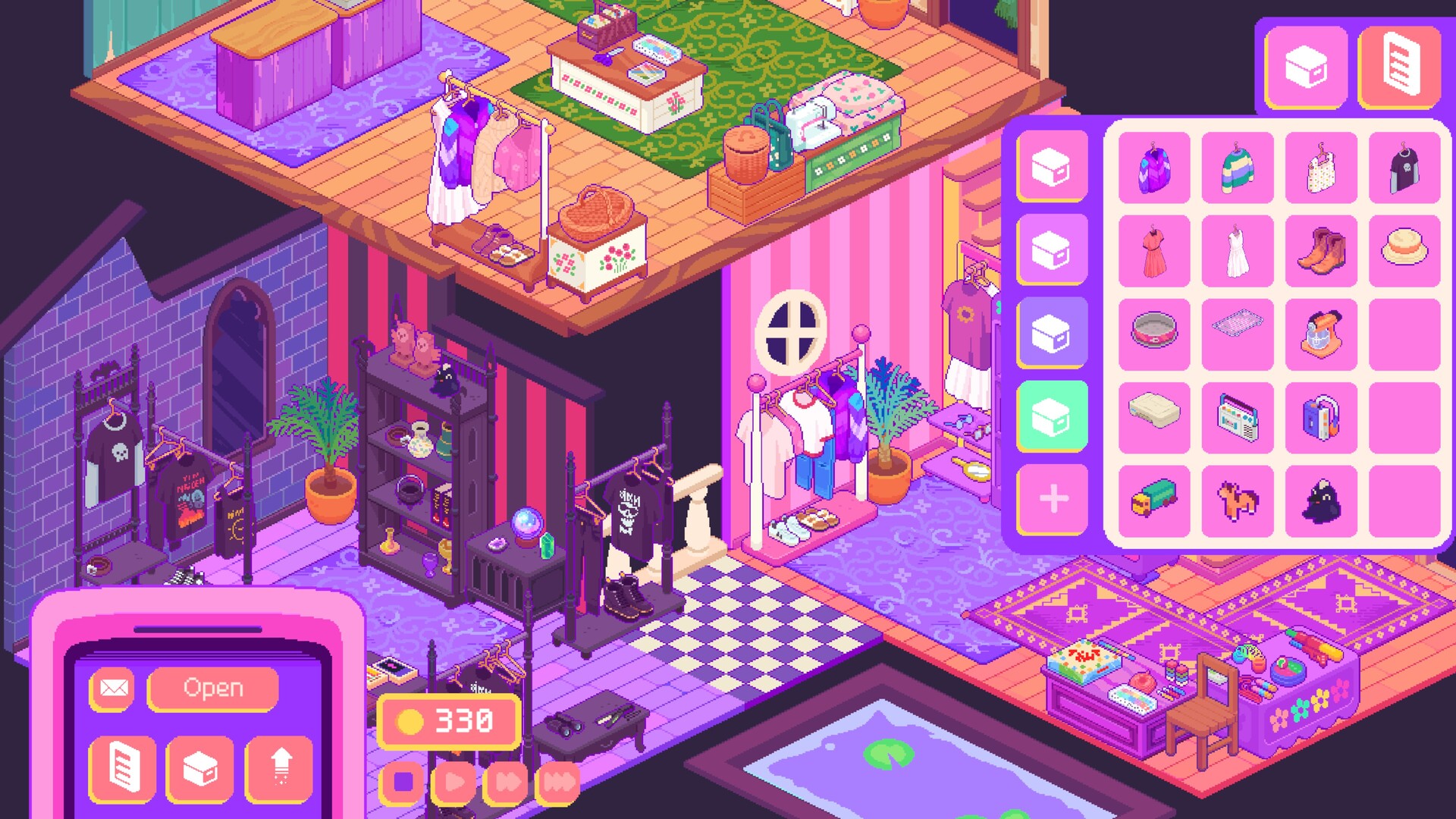 Thrifty Business screenshot showing a store with clothing items, toys, and other items that can be set down and arranged to sell