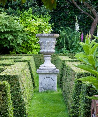 Narrow garden with hedges and stone sculpture
