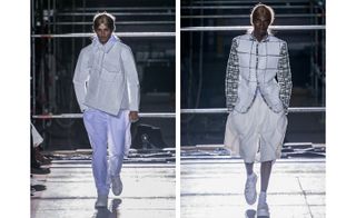 Left: model wearing a white jacket twisted to the right, white trousers and shoes. Right: model wearing white coat with sleeves in a geometric pattern, white shorts and shoes.