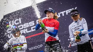 Puck Pieterse on the podium after her win in the MTB World series