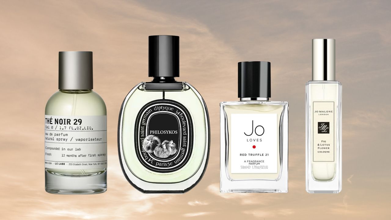 A selection of fig perfumes by Le Labo, Diptyque, Jo Loves and Jo Malone/ in a beige and grey sunset-style template