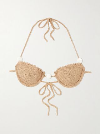 Faux Pearl-Embellished Crocheted Underwired Bikini Top