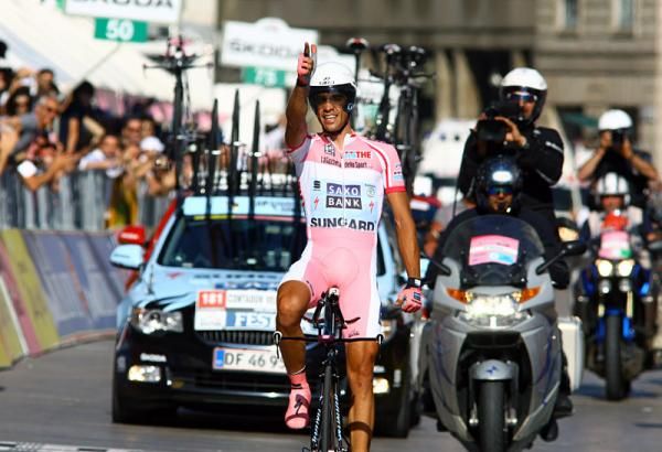 Alberto Contador (Saxo Bank Sungard) finishes the final stage time trial as Giro d'Italia champion.