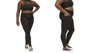 a side-by-side of a woman wearing the XX, one of w&h's best plus-size leggings picks, at two different angles