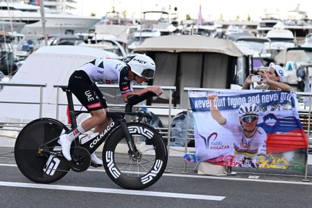 UAE Team Emirates - XRG team's Slovenian rider Tadej Pogacar competes during the first stage of the Vuelta a Espana 2026, a 9,4 km time-trial between Monaco and Monaco on August 22, 2026. (Photo by Miguel MEDINA / AFP)