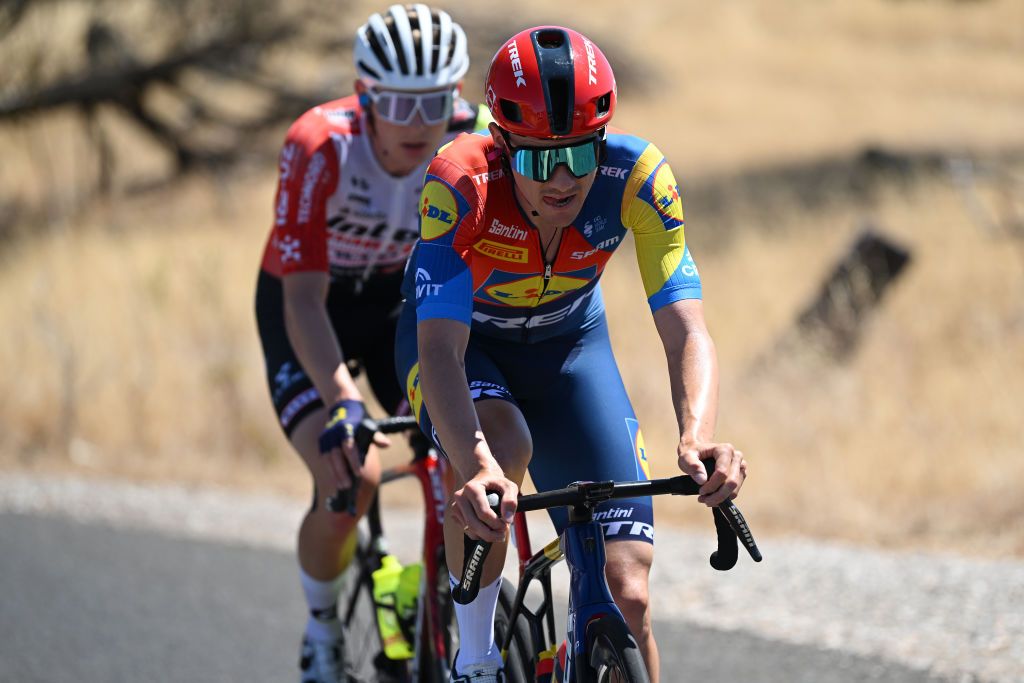 TANUNDA AUSTRALIA JANUARY 22 Patrick Konrad of Austria and Team Lidl Trek competes in the breakaway during the 25th Santos Tour Down Under 2025 Stage 2 a 1288km stage from Tanunda to Tanunda 342m UCIWT on January 22 2025 in Tanunda Australia Photo by Dario BelingheriGetty Images