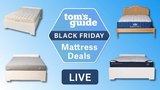 A hexagon-shaped Black Friday mattress deals hub badge surrounded by four mattresses. The word LIVE is on the bottom center of the image.